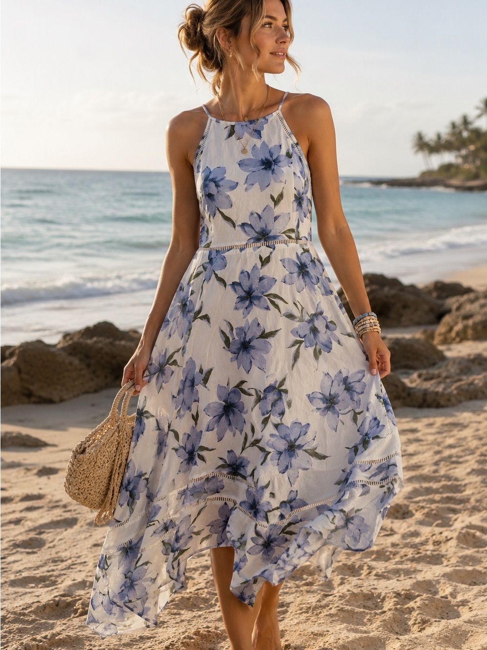 White Blue Floral High Neck Midi Dress S Beach Wedding Guest Coastal Chic